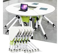 Meedlopia Set di 6 tavoli da allenamento mobili Sector Flip Top, tavolo conferenza pieghevole con ruote, scrivania rotonda bianca moderna per riunioni, computer ufficio e classi