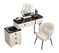 Meedlopia Set Tavolo da Trucco con Specchio LED 3 Colori HD, Mobile Laterale Rimovibile e Sedia Morbida a Petali - Tavolo da Trucco Completo con Piano in Marmo per Ragazze