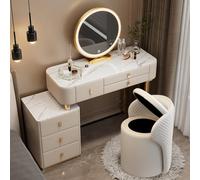 Meedlopia Tavolo da Trucco con Specchio LED 3 Colori, Piano Marmo e Mobile Laterale Rimovibile - Tavolo da Trucco Completo con Sgabello Contenitore per Donne Ragazze