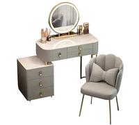 Meedlopia Tavolo da Trucco di Design con Specchio LED Regolabile, Mobile Laterale Rimovibile e Sedia Morbida - Set Tavolo da Trucco con Piano in Marmo per Donne e Giovani