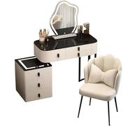 Meedlopia Tavolo da Trucco Funzionale con Specchio a LED Regolabile, Mobile Rimovibile, Piano in Marmo e Sedia Confort - Set Tavolo da Trucco per Donne e Ragazze con Stile