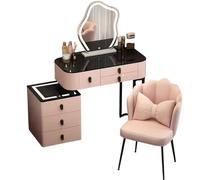 Meedlopia Tavolo da Trucco Funzionale con Specchio a LED Regolabile, Mobile Rimovibile, Piano in Marmo e Sedia Confort - Set Tavolo da Trucco per Donne e Ragazze con Stile