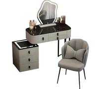 Meedlopia Tavolo da Trucco Funzionale con Specchio a LED Regolabile, Mobile Rimovibile, Piano in Marmo e Sedia Confort - Set Tavolo da Trucco per Donne e Ragazze con Stile