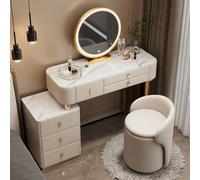 Meedlopia Tavolo da Trucco Moderno con Specchio LED a 3 Colori Regolabile, Piano Marmo e Mobile Laterale - Set Completo Tavolo da Trucco con Sgabello per Donne