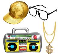 meekoo Kit Costume Hip Hop Occhiali da Sole Catena d'Oro Anni '80 / '90 Accessori Rapper (Cappello da Baseball Oro, Scatola Boom)