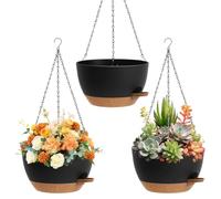 Meenewching 3 Pezzi Fioriera Appendibile, Vaso Appendibile da 25 cm con Sottovaso e Fori di Drenaggio, Vaso Appendibile in Plastica per Balcone, Soggiorno e Giardino, Interno e Esterno, Nero