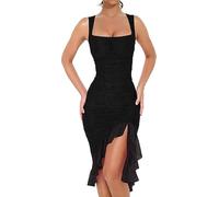 MeeQee Abito Sexy Donna Senza Maniche Midi Vestito Aderente Nero Increspato Affascinante Abito Elegante Orlo a Volant Bodycon Vestito con Scollo Quadrato Estivo Moda Abiti per Party Club Cocktail