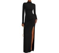 MeeQee Vestito Donna Sexy Maniche Lunghe Bodycon Maxi Abito con Spacco Elegante Aderente Vestito Lungo con Scollo Alto Elasticizzato Abito da Cocktail Tinta Unita Festa Club Sera Casual Abiti