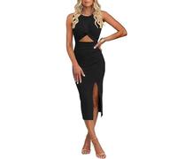 MeeQee Vestito Donna Sexy Senza Maniche Midi Vestito Estivo da Sera Elegante Girocollo Ritaglio Lungo Abito Tinta Unita Bodycon Abiti con Spacco Tubino Aderente per Cocktail Festa Discoteca