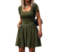 MeeQee Vestito Estivo Donna Casual a Maniche Corte Abiti Bodycon Miniabito con Colletto Quadrato Elegante A-Line Lunghezza al Ginocchio Vestito Tinta Unita Corta Abito Tunica con Tasche