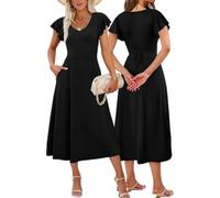 MeeQee Vestito Estivo Lungo Donna Scollo a V Elegante Manica Corta Vita Alta Maxi Abito Linea A Moda Manica a Volant Abiti Casual Tinta Unita Vestito con Tasche