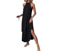 MeeQee Vestito Lungo Estivo Donna Spalle Scoperte Senza Maniche Abito Casual Lungo Vestito da Spiaggia Halter Elegante Moda Abito Tinta Unita Larghe Maxi Abiti a Canotta