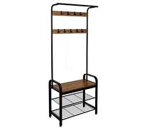 Meerveil Appendiabiti vintage, stile industriale, scarpiera con seduta in metallo, con 9 ganci rimovibili, 2 ripiani a griglia, 72 x 34 x 183 cm, colore: marrone/nero