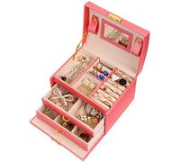 Meerveil Scatola di Gioielli Set Scatola di immagazzinaggio di immagazzinaggio di Cuoio cosmetico a Tre Strati con Specchio e Serratura, Regalo Femminile (Rosa)