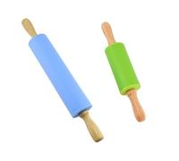 MEESOGA Mattarello in silicone - Confezione da 2 mattarelli antiaderenti, dimensioni medie e mini, con manico in legno per cuocere pizza, biscotti, fondente (blu e rosso)