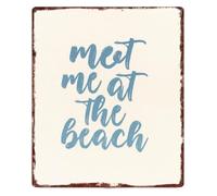 Meet Me At The Seashore Rustic Tin Sign Wall Hanger 12x8 Inch | Authentic worn look screw or adhesive fixing indoor outdoor