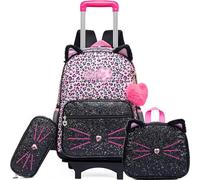Meetbelify Zaino carino per ragazze con ruote per studenti elementari bambini bagagli da viaggio nero, Gatto leopardato nero