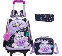 Meetbelify Zaino carino per ragazze con ruote per studenti elementari bambini bagagli da viaggio nero, Gatto nero., Small