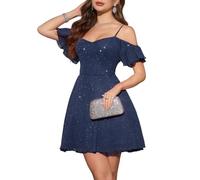Meetjen Abiti corti da donna per ritorno a casa per adolescenti abito da ballo da cocktail scintillante in tulle con spalle scoperte 2025, Navy, L