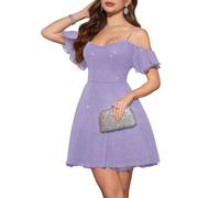 Meetjen Abiti corti da donna per ritorno a casa per adolescenti abito da ballo da cocktail scintillante in tulle con spalle scoperte 2025, Lavanda, M