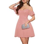 Meetjen Abito da ballo da donna scintillante con spalle scoperte corto 2025 una linea di tulle con spalline sottili abiti da cocktail, Rosa, XL