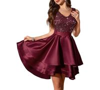 Meetjen Abito da cocktail per le donne Hi-Lo paillettes raso doppio scollo a V A-line Swing Prom Party Dress, Borgogna, L