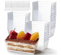 MEETOZ 50 tazze da dessert rettangolari, 160 ml, riutilizzabili, con 50 cucchiai per budino, mousse, parfait, tiramisù, gelatina
