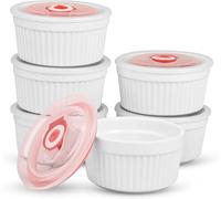 MEETOZ Pirottini con coperchio, 226,8 g, in porcellana bianca, per crème brûlée, soufflé, con coperchi, tazze in ceramica per dolci, budini, crema pasticcera, gelato, set di 6, lavabili in