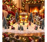 MEETYAMOR Set di villaggi di Natale, 24 pezzi illuminati villaggio di Natale e statuette accessori, mini città di Natale commerciale scena di strada collezione edifici per la casa interni tavolo