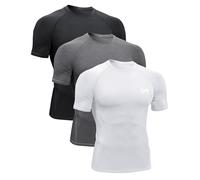 MEETYOO Camicia a Compressione da Uomo Maniche Corte, Traspirante Asciugatura Rapida per Fitness Running Palestra Corsa Allenamento Crossfit, Nero+Bianco+Grigio,M