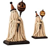 MEEVINWH Vintage Halloween Lighted Ghost Figurine with Pumpkin Staff,Light Up Pumpkin Resin Ghost Sculpture, Retro Sheet Ghost Tabletop Decor, Farmhouse Gothic Halloween Mantel Shelf Ornament
