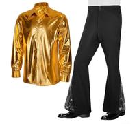 MeevrgR Set da 2 pezzi da uomo, stile hippie, discoteca, con camicia lucida con bottoni, pantaloni a campana con paillettes e pantaloni a campana, costume vintage per feste di Carnevale, colore