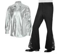 MeevrgR Set da 2 pezzi da uomo, stile hippie, discoteca, con camicia lucida con bottoni, pantaloni a campana con paillettes e pantaloni a campana, vintage, per carnevale, feste in costume dorato