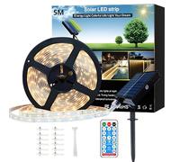 Meewata Striscia di luci solari impermeabili per esterni, 5 m, 300 LED, dimmerabili, luci da giardino con telecomando e 8 modalità, strisce LED tagliabili, per patio, balcone, terrazza, decorazione