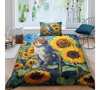 MEFESE Girasole e gatto Set Di Biancheria Da Letto Con Stampa Di 3D,Gatti Copripiumino Con Cerniera 2 Pezzi,Incluso Copripiumino E Federe,Biancheria Da Letto Per Ragazzi E Ragazze Singolo(135x200cm)