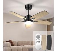 Mefine Ventilatore da soffitto con illuminazione e telecomando, silenzioso, 106 cm, con lampada a LED con 5 pale in legno, venature in legno/nero, per camera da letto, soggiorno, montaggio a barre