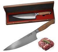 MEG Coltello da Chef Giapponese Gyuto - Damasco Costruzione San Mai 3 strati, affilatura a V professionale 12-15°, manico ergonomico in legno d’olivo e scatola d’acacia - Coltello da Cucina Premium