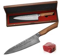 MEG Coltello da Chef Giapponese Gyuto - Lama Damasco 73 strati, affilatura a V professionale 9-12°, manico ergonomico in legno d’olivo e scatola d’acacia - Coltello da Cucina Premium