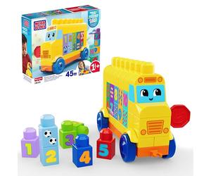 Mega BLOKS First Builders Scuolabus Costruisci e Impara, per Bimbi | 45 pezzi, con ruote, per imparare i numeri e a contare, colore giallo, bimbi 1+ anni, facile da costruire, JKG34