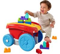 MEGA BLOKS - Vagone Raccogli Blocchi, set con veicolo rosso trainabile e 20 blocchi da costruzione, vano portaoggetti interno incluso, giocattolo per bambini, 1+ anni, JFR30
