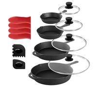 Megachef Set di 13 padelle in ghisa pre-stagionate con coperchi in vetro temperato e supporti in silicone