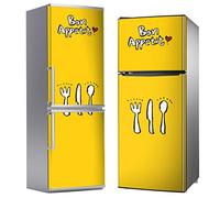 MEGADECOR Vinile adesivo decorativo per frigorifero, speciale privo di bolle, Bon Appetit con posate forate su sfondo giallo (200 cm x 60 cm)
