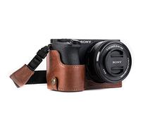Megagear MG1204 - Mezza custodia in vera pelle per fotocamera Sony Alpha A6500 Ever Ready e cinghia con accesso alla batteria, marrone scuro
