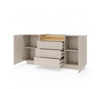 MEGAOFFERTE.IT Madia Moderna In Melaminico Con 2 Ante 3 Cassetti Push To Open Vano A Giorno Con LED E Ripiano In Vetro Temperato Per Zona Living 176.4 X 39.5 X 83 Cm Cashmere