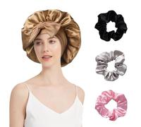 MEGAVOW Cuffia Seta Capelli Ricci con 3 Pezzi Scrunchies Grande Regolabile Bonnet da Notte in Raso Doppi Strati Dormire Berretto per Protezione Capelli