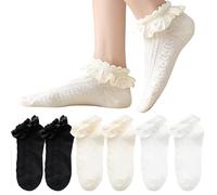 Megcdtr Calze a volant, 6 paia di calzini in pizzo da donna, con volant in pizzo con fiocco, liner calzini per donne piccole ragazze (nero bianco albicocca), Albicocca bianca nera, 35
