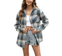 Megfie Camicia da Donna in Flanella, a Quadretti, in Morbida Flanella, con Bottoni, a Maniche Lunghe, a Quadretti, Camicette da Donna, Blu Oceano, L