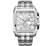 MEGIR Orologio da polso da uomo, con quadrante quadrato, in acciaio inox, impermeabile, con lancette luminose, stile militare, bianco, Orologio al quarzo, cronografo