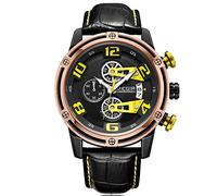 MEGIR Orologio da polso da uomo, oro rosa, militare, nero, cinturino in pelle con lancette gialle, cronografo, calendario, impermeabile, luminoso, cinghie