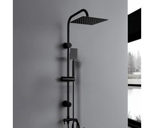 Megistore | Colonna Doccia Con Soffione e Doccetta Acciaio Inox Anticalcare e Mensola Porta Flacone Con Ganci Per Spugna (Quadrata Nera Opaca)
